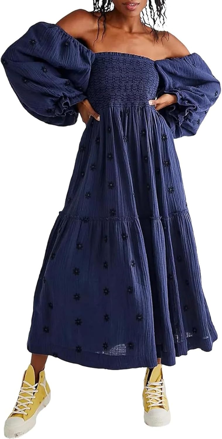 Women Floral Embroidered Maxi Dress with Puff Sleeves and Pockets