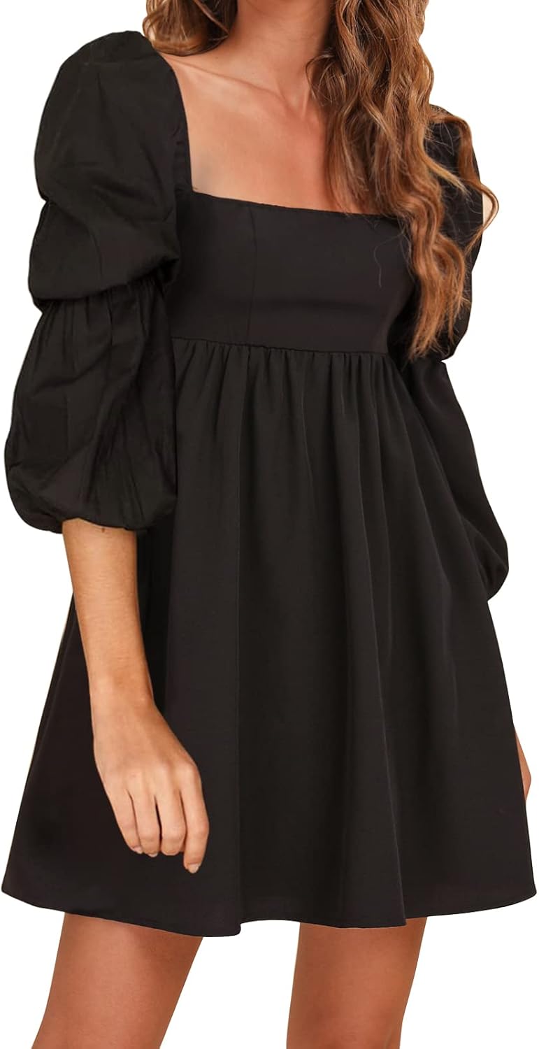 EXLURA Womens Square Neck Dress with Puff Sleeves for All Occasions