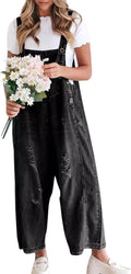 Women Denim Baggy Overalls Jumpsuit - Distressed Wide Leg Comfort