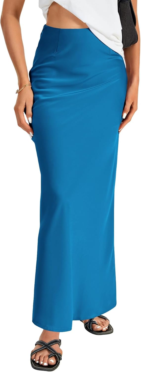Elegant Satin Silky High Waist A Line Maxi Long Skirt for Women