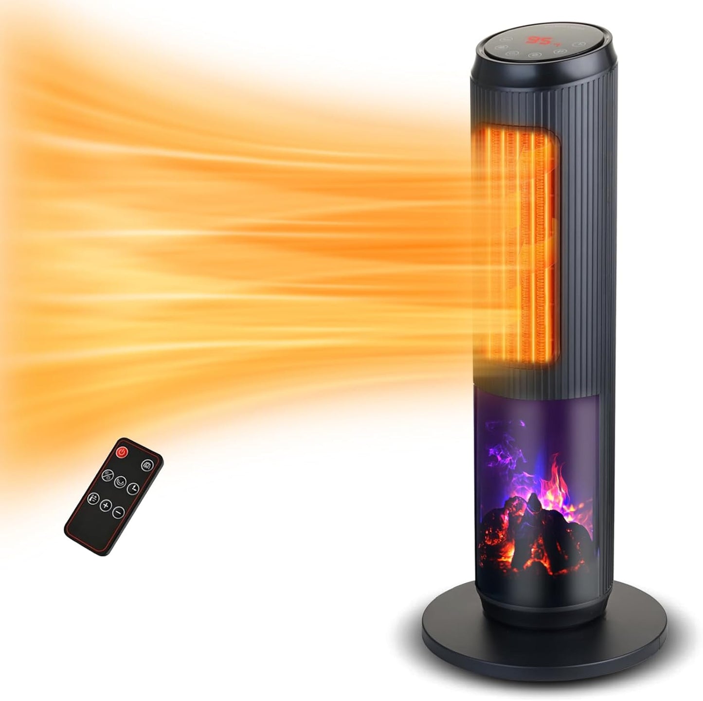 Powerful 27 Ceramic Tower Heater - Remote Control, 3D Flame, Safety Features!