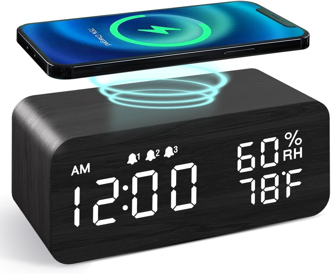 JALL Wooden Digital Alarm Clock with Wireless Charging and More