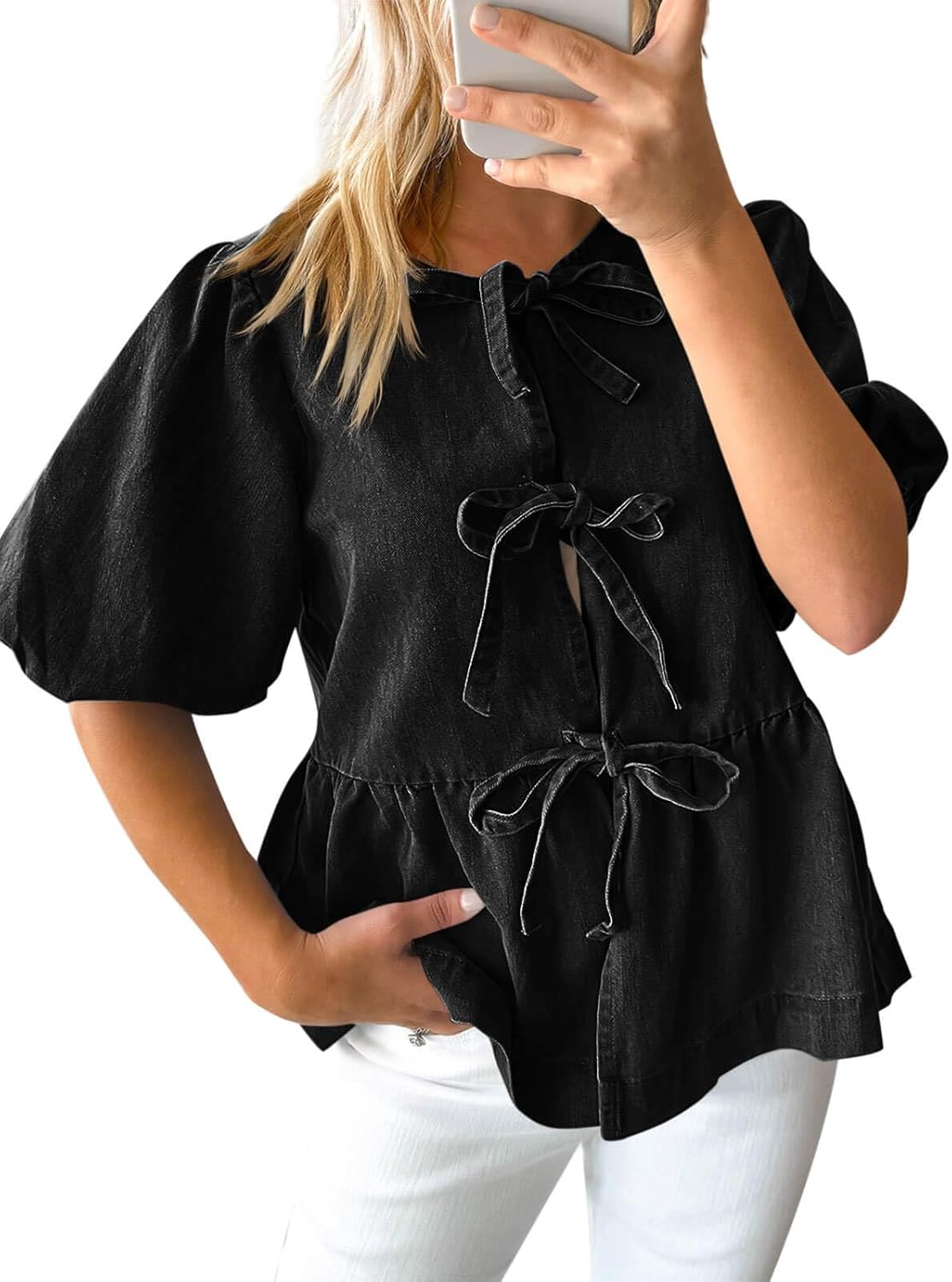 Womens Denim Tie Front Tops for Casual Summer Style