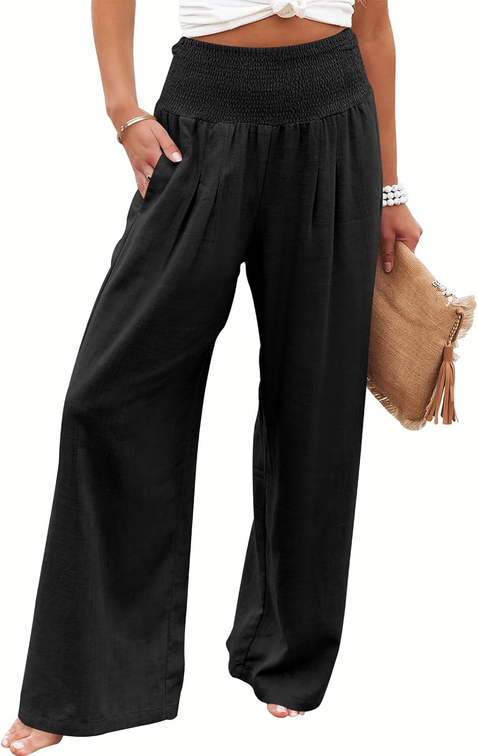 Linen Palazzo Pants for Women - Boho Wide Leg High Waist Style