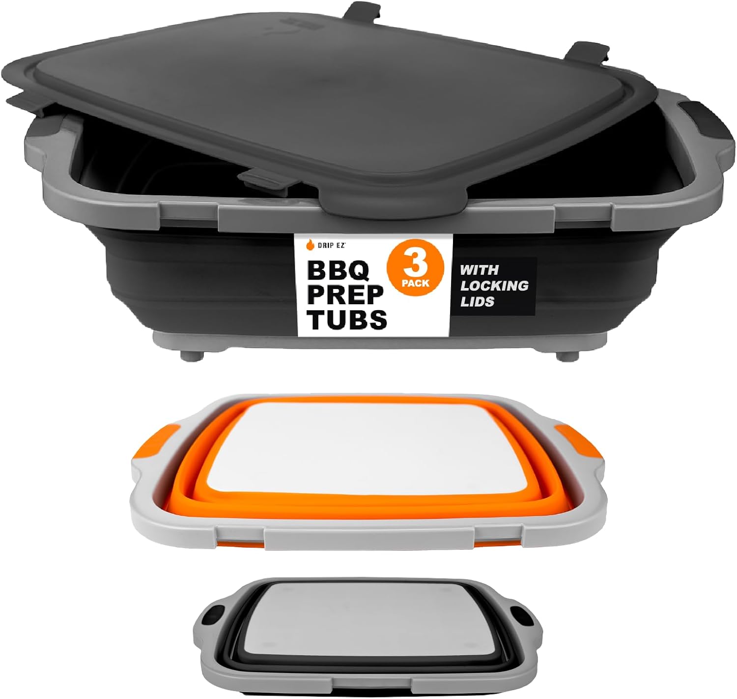 Drip EZ Collapsible BBQ Prep Tubs Set for Meal Prep & Storage