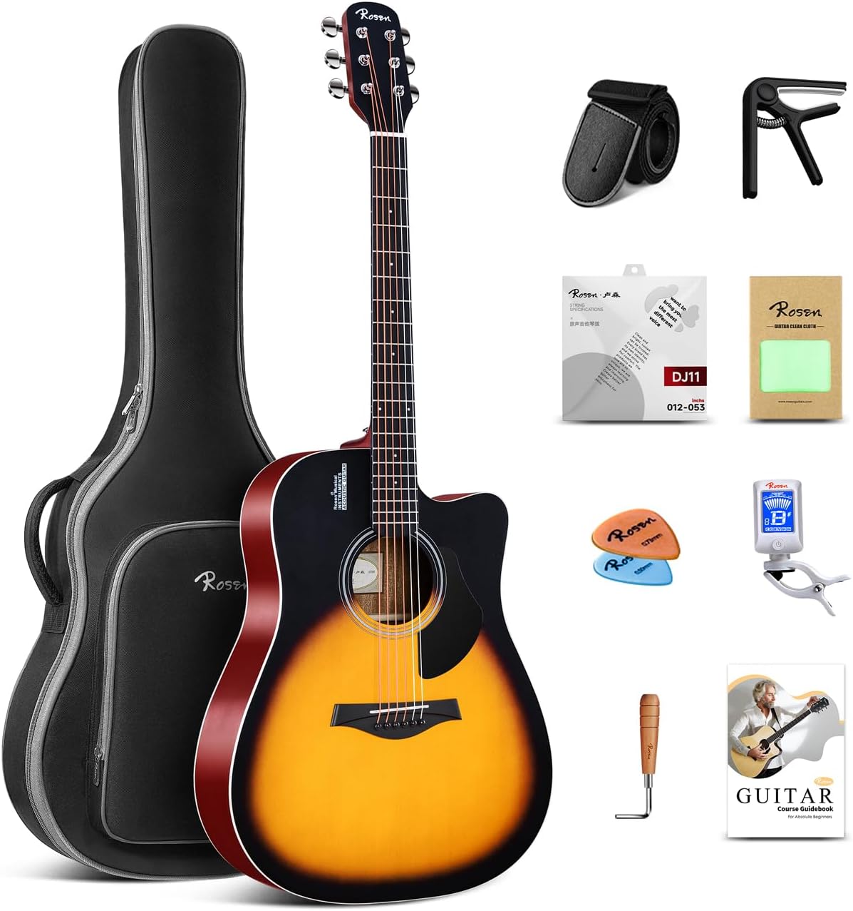 Rosen Solid Top Dreadnought Acoustic Guitar Beginner Bundle