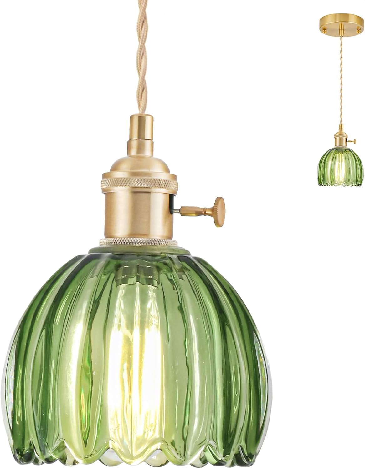 Mini Pendant Lights Kitchen Island with Green Tulip Glass Shade