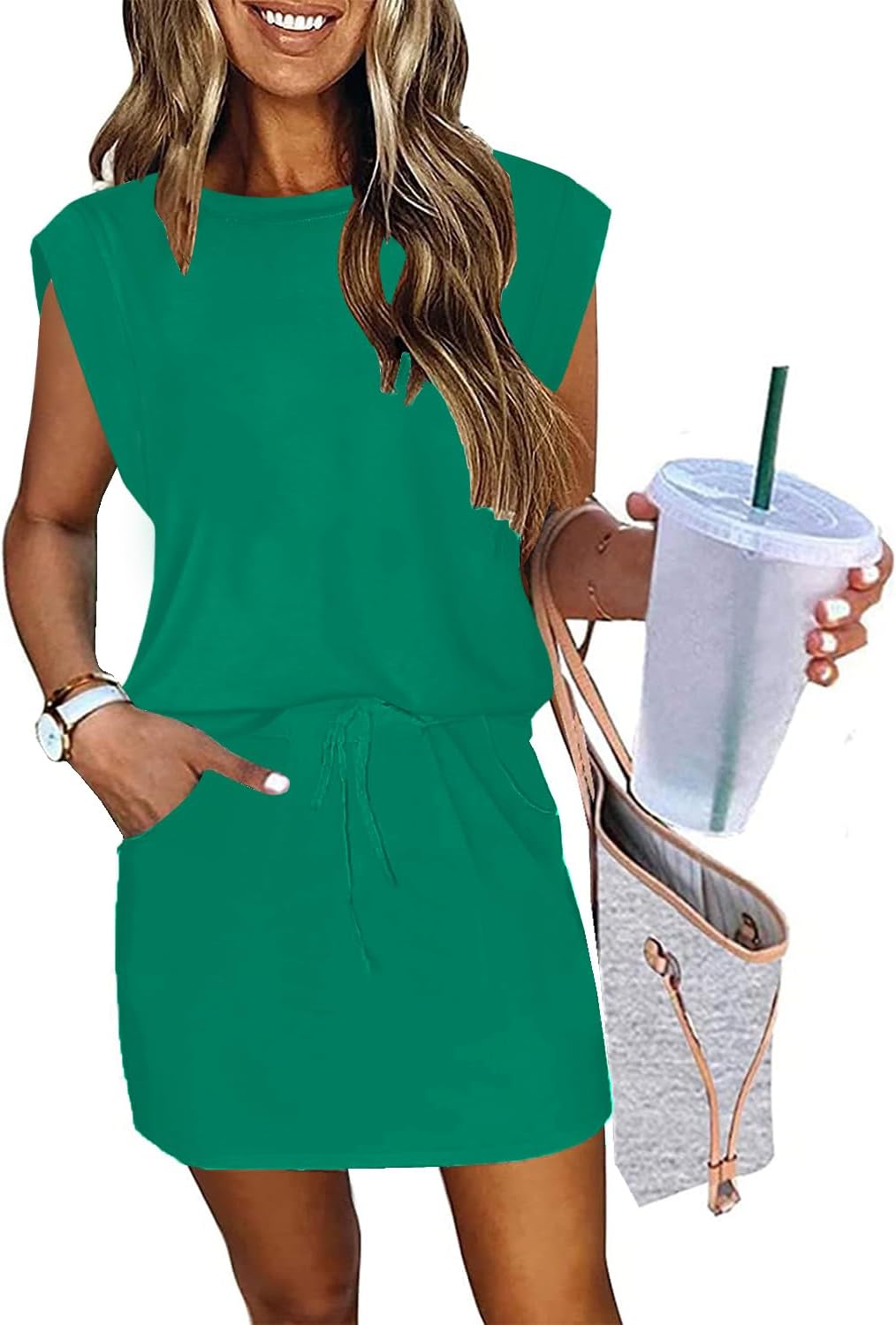 Womens Cap Sleeve Summer Dress with Tie Front and Pockets