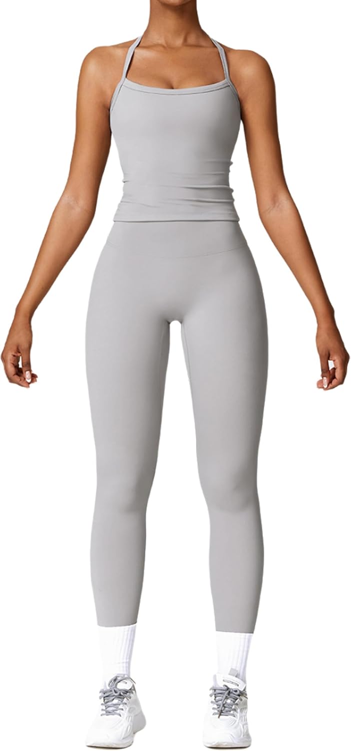 Womens Workout Sets Two Piece Cross Back Tank Top Leggings