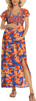 Floral Print V Neck Maternity Dress Boho - Flowy Smocked Maxi Occasion