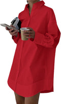 Women's Collar V Neck Button Down Mini Dress - Loose Long Sleeve