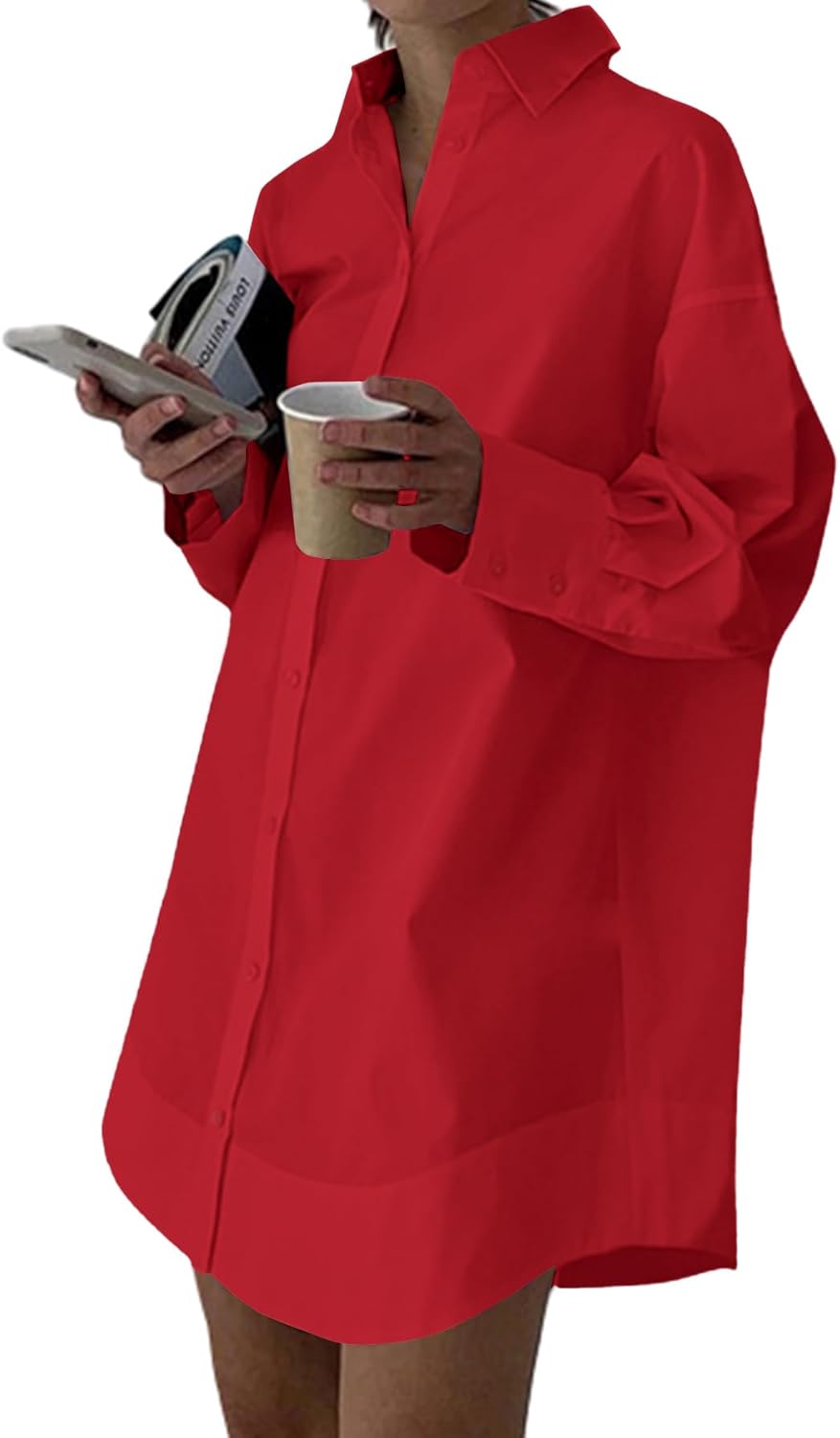 LYANER Women's Casual Shirt Dress with Collar V Neck Design