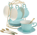 DUJUST Tea Cups and Saucers Set of 4 Nile Blue with Golden Trim