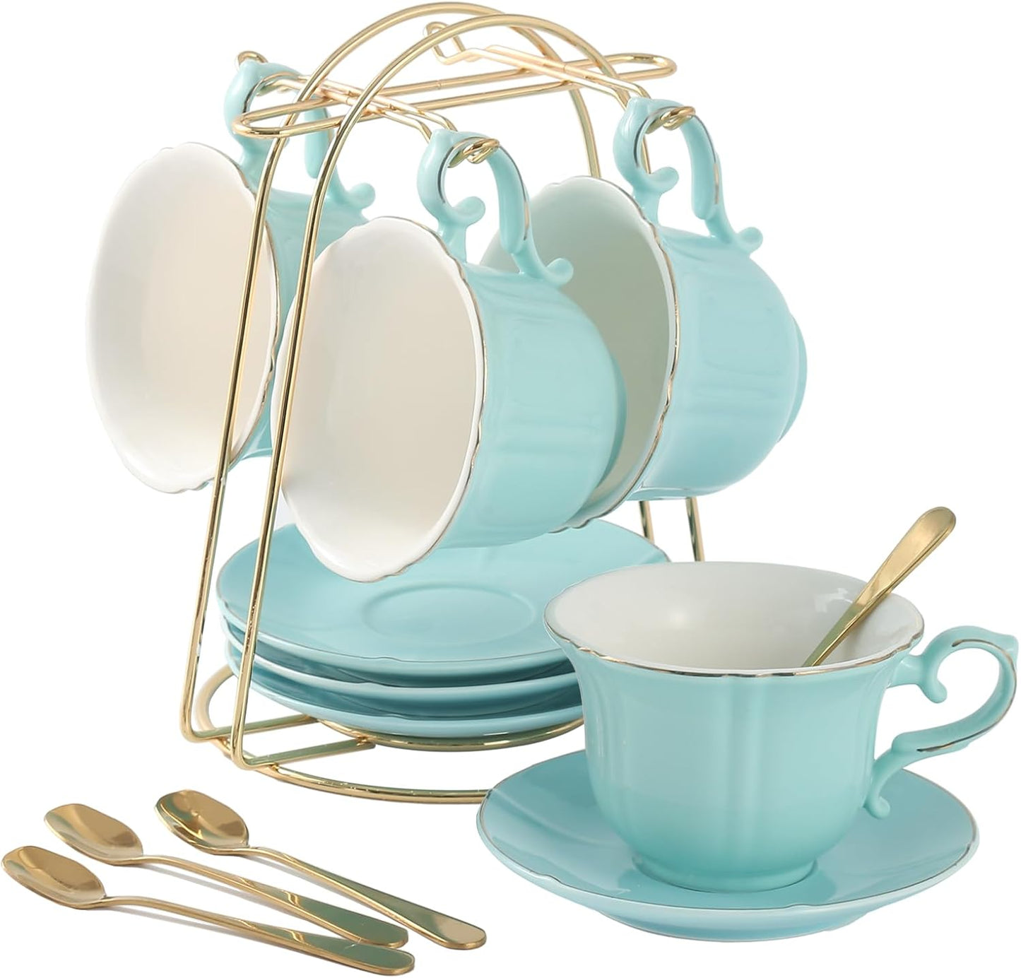 DUJUST Nile Blue Tea Cups and Saucers Set with Golden Trim