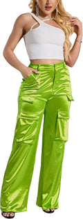 Womens High Waisted Satin Cargo Pants Loose Fit Wide Leg - Chic Casual