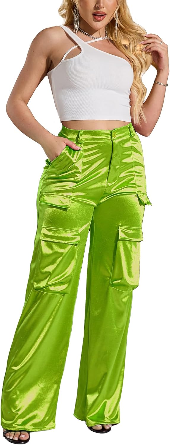 Womens High Waisted Satin Cargo Pants for Trendy Outfits
