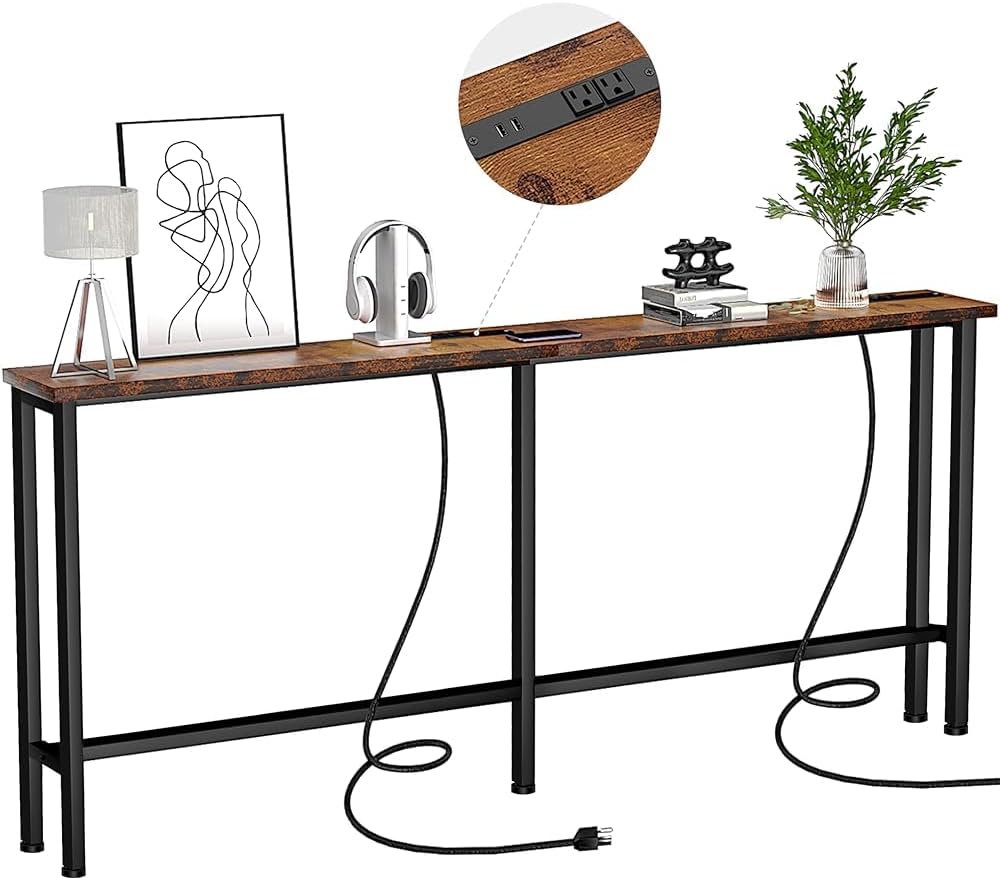 63 Inch Sofa Table with Power Outlets and USB Ports for Living Room