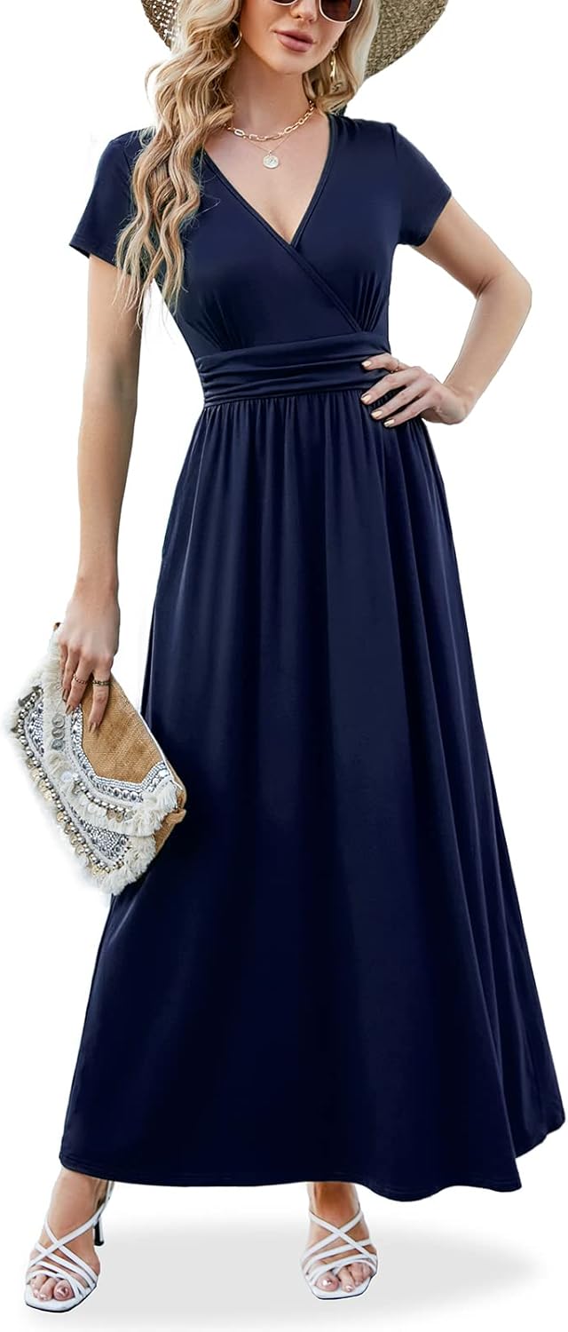 Maxi Dress for Women with Pockets - Elegant Wrap V Neck Style
