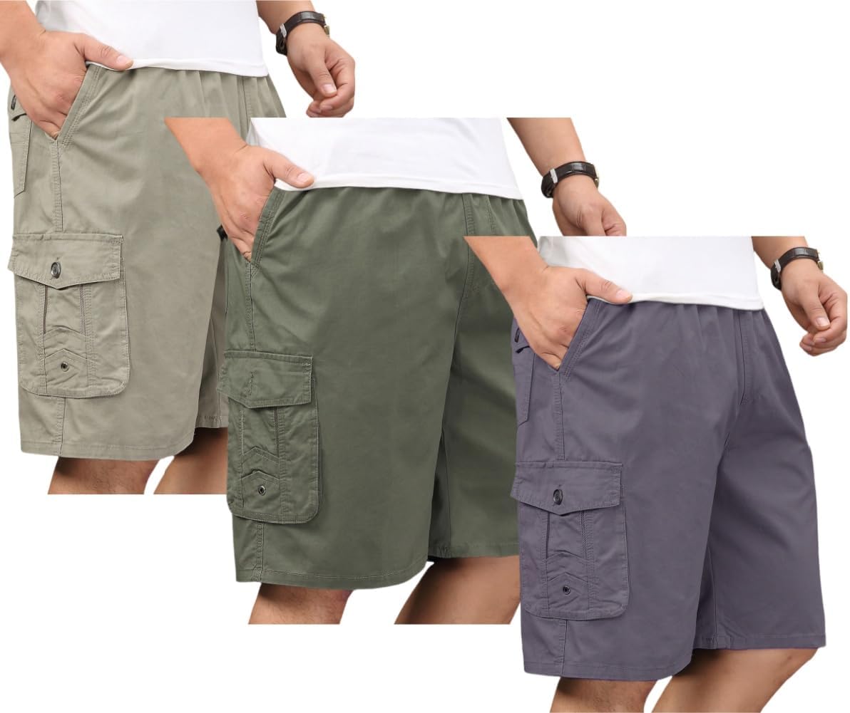 Men's Casual Twill Cargo Shorts with Elastic Waist and Pockets