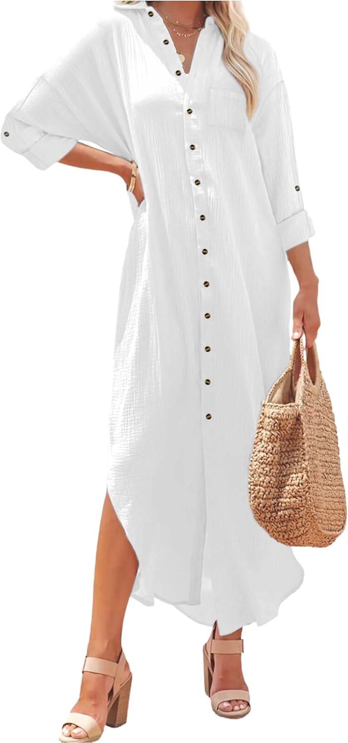 Kuraki Women's Casual Print Button Front Maxi Shirt Dress Review