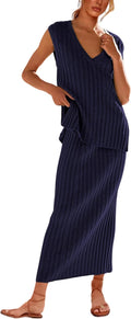 SCUSTY Women's 2 Piece Sweater Skirt Set Sleeveless V Neck Knit Ribbed