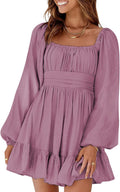 Square Neck Lantern Sleeve Mini Dress - Flattering A-Line Tie Back
