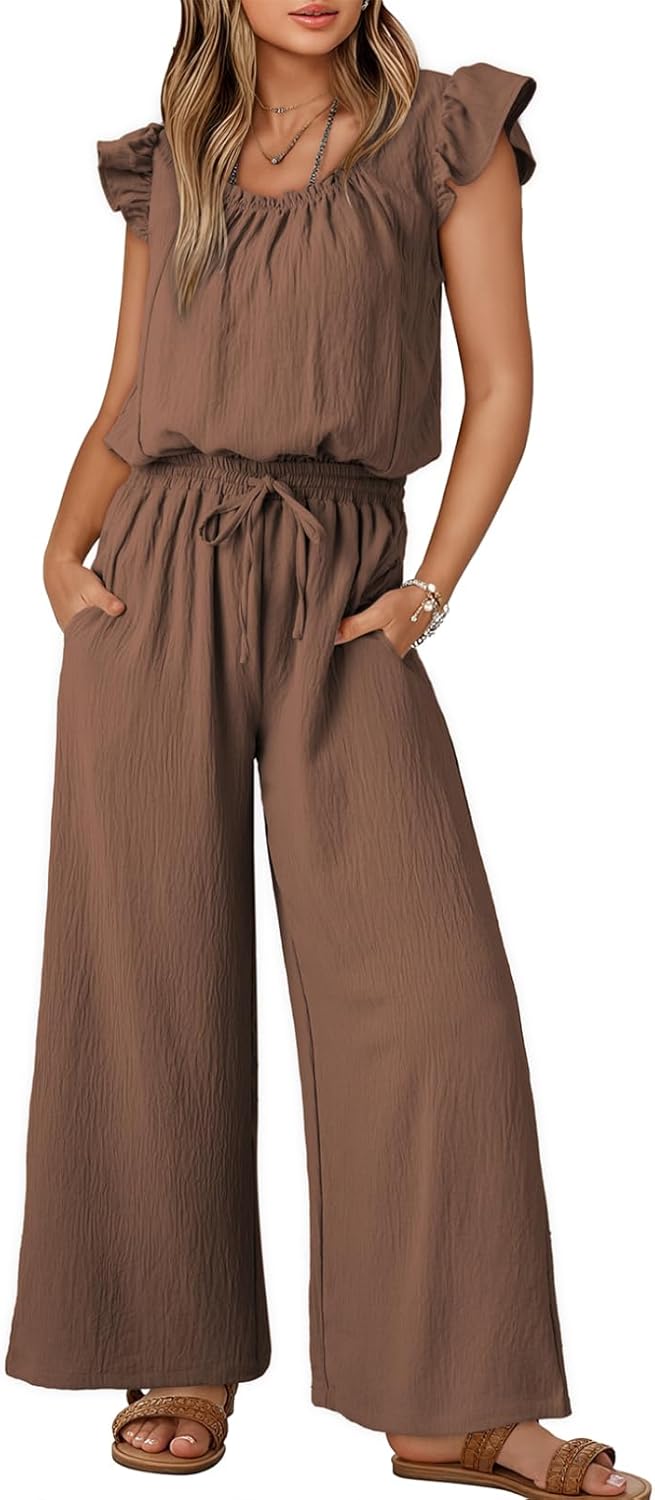 Dokotoo Summer Ruffle Sleeve Jumpsuit with Pockets for Women