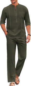 COOFANDY Men's 2 Piece Cotton Sets Casual Long Sleeve Cuban Henley