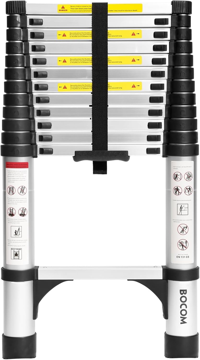 12.5 FT Aluminum Telescoping Ladder with Stabilizers for Safety