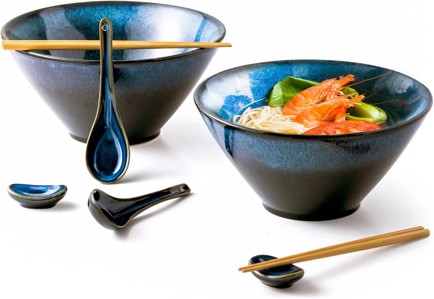 Large Ceramic Ramen Bowls Set with Chopsticks and Spoons