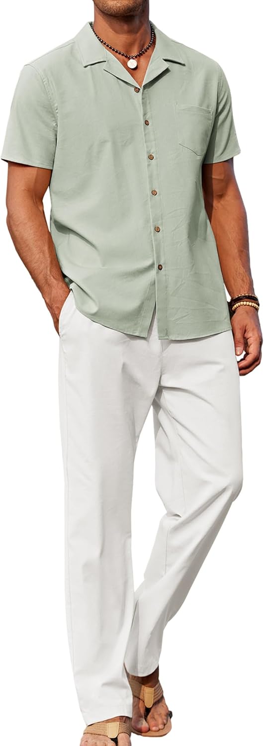 COOFANDY Men 2 Piece Linen Outfit for Beach and Casual Wear