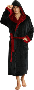 Mens Hooded Robe Long Fleece Bathrobe - Plush Warm Lounger