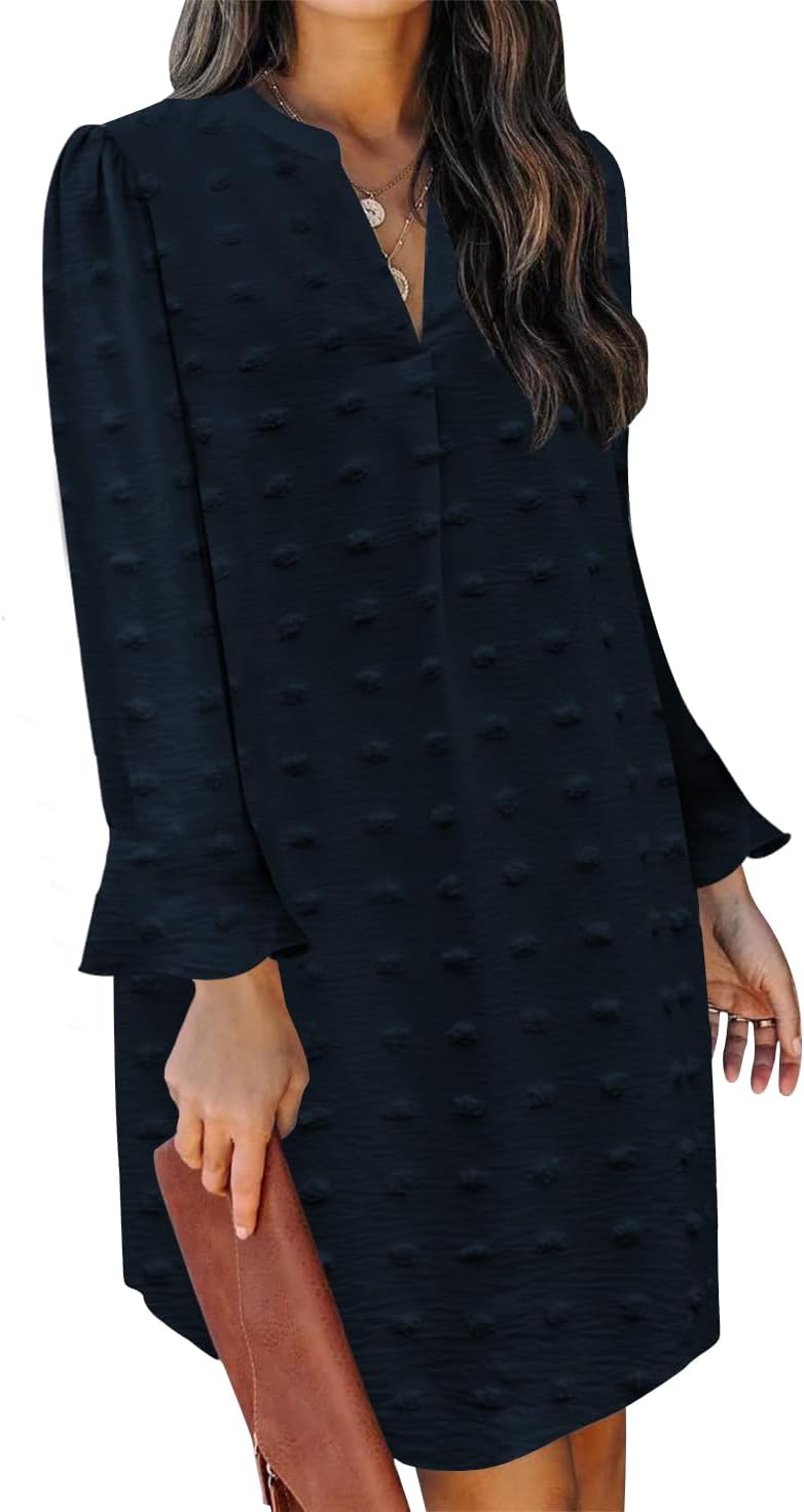 QACOHU Fall Dresses for Women V Neck Long Sleeves Mini Tunic