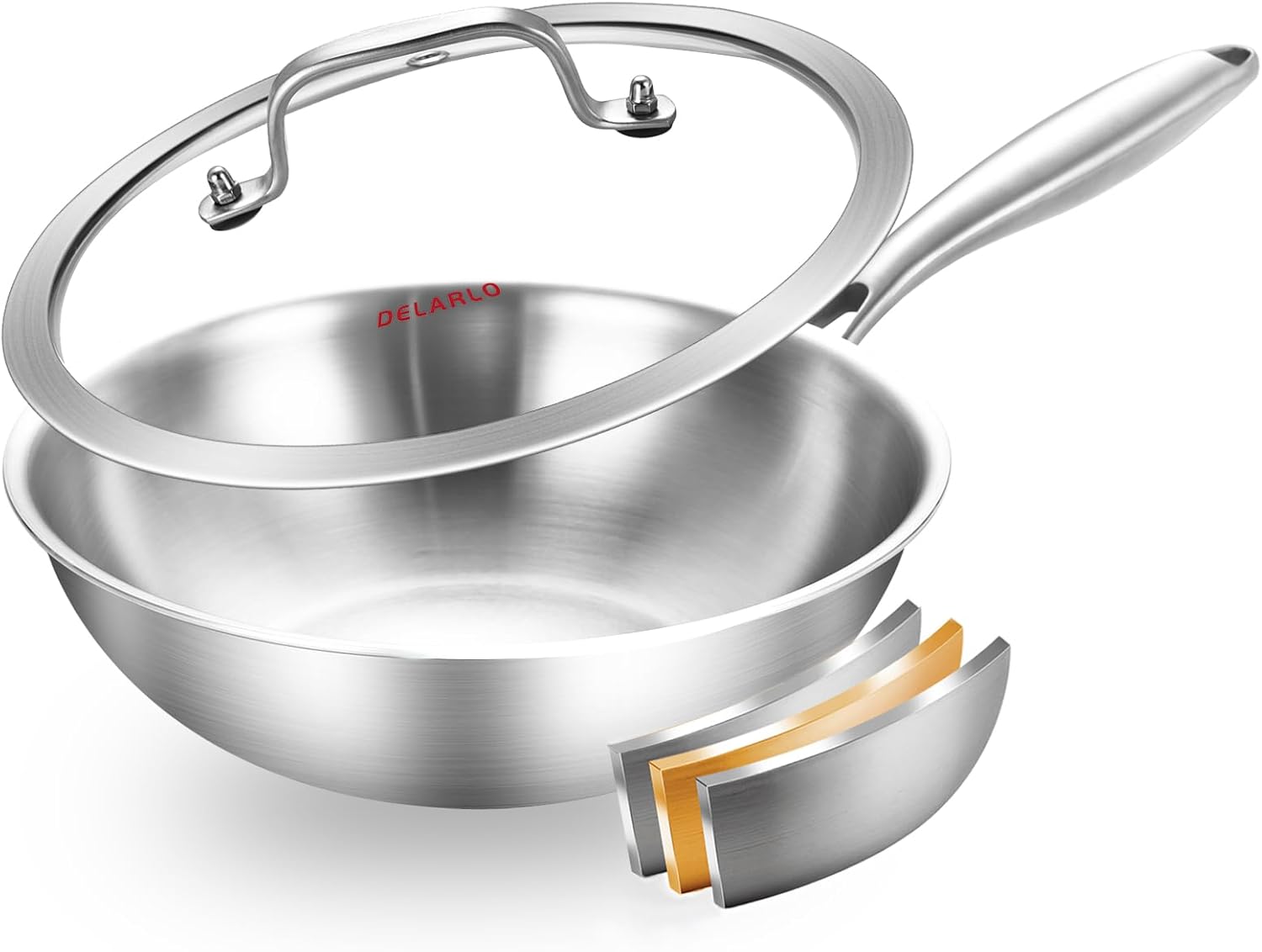 Delarlo 9.45 Inch Whole Body Tri-Ply Stainless Steel Wok Pan
