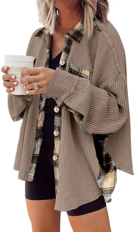 SHEWIN Womens Waffle Knit Plaid Shacket for Stylish Comfort