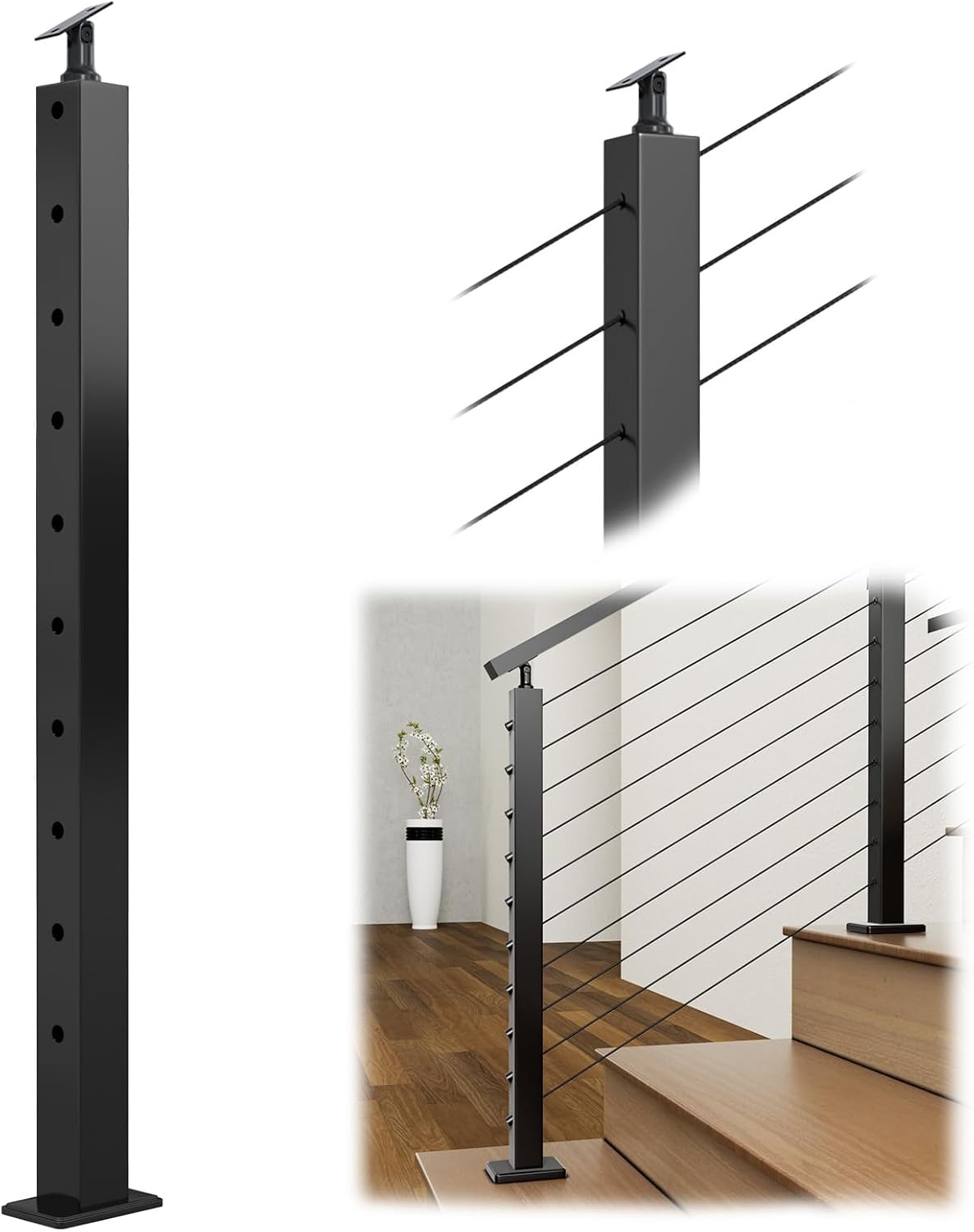 Muzata Black Stair Cable Railing Post for 25-35 Degrees Stairs