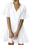 Womens V Neck Ruffle Sleeve Shift Dress - Lightweight Cotton Blend