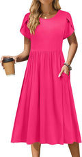 Summer Short Sleeve Midi Dress with Pockets - Flowy Casual Midi