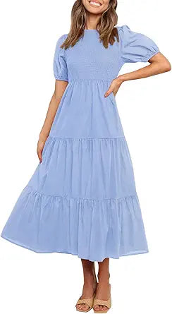 ZESICA Women's Casual Summer Midi Dress with Puff Sleeves