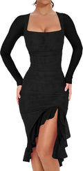 BORIFLORS Women's Ruched Mesh Bodycon Midi Dress - Elegant Ruffle Hem