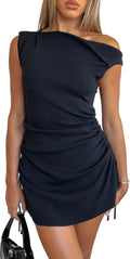Women's Summer Bodycon One Shoulder Mini Dress - Sexy Adjustable