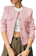 Cropped Tweed Blazer Jacket Collarless Button Down - Polished Fall