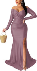 Women Sexy Off Shoulder Evening Gown with High Split - Elegant Fit