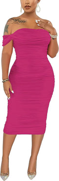 Women's Sexy Off Shoulder Ruched Bodycon Midi Dress - Elegant Fit is