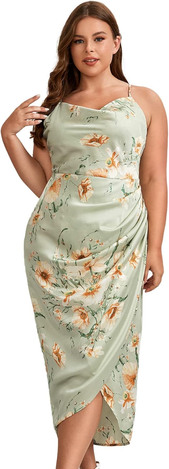 Floerns Women's Plus Size Satin Spaghetti Strap Cami Dress