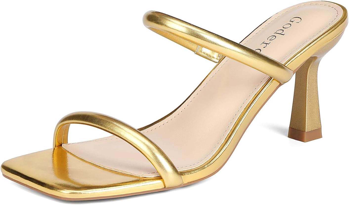 Kitten Heels for Women Two Strap Mules Open Toe Slip On Sandals