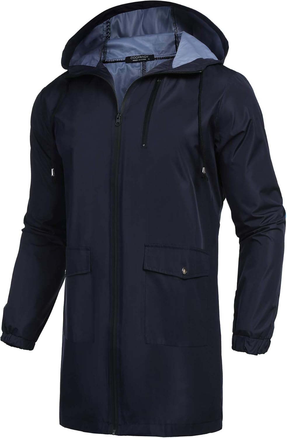 Men's Long Waterproof Rain Jacket with Hood for Outdoor Use