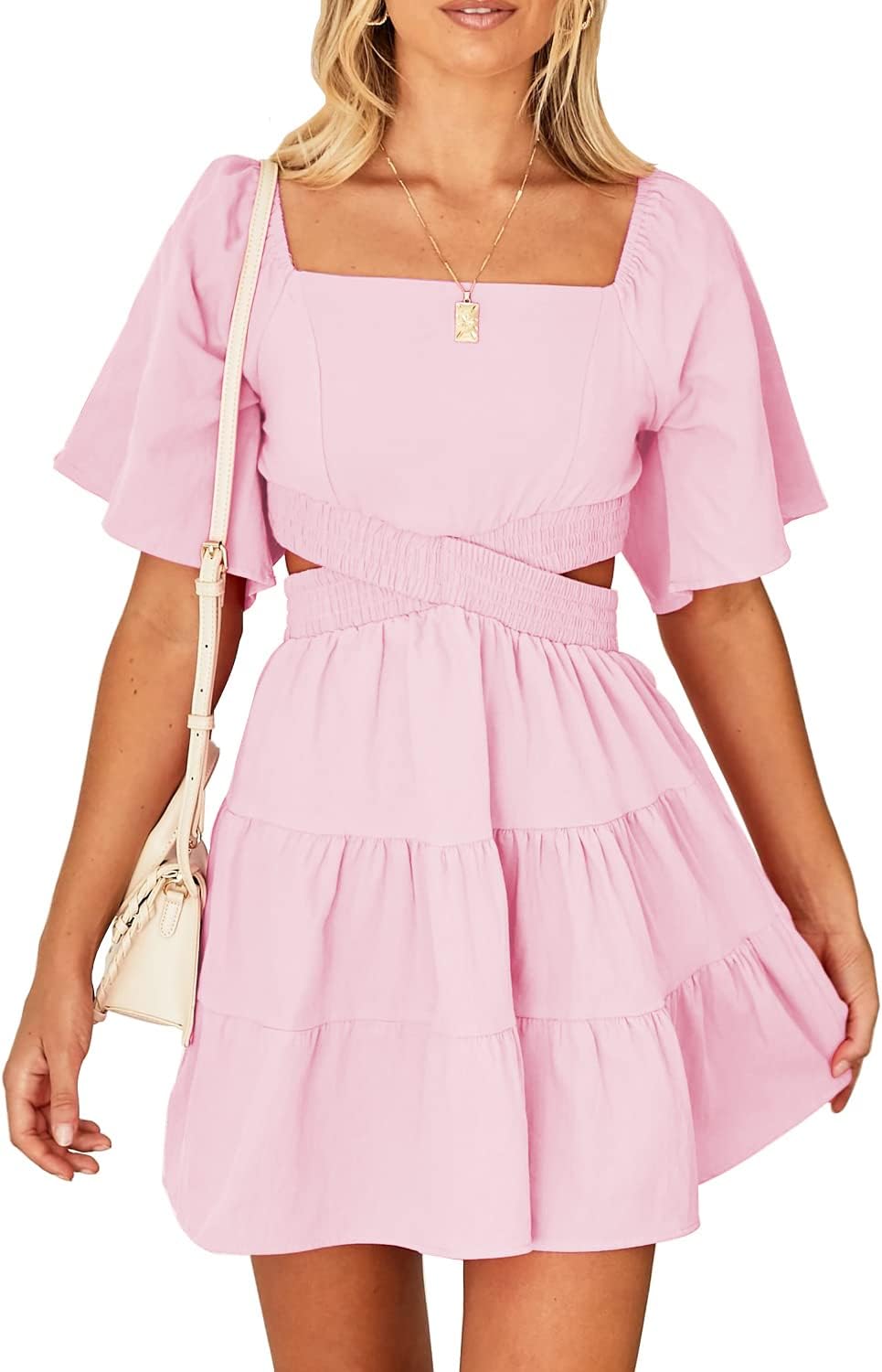 Shy Velvet Women's Summer Dress with Square Neck and Short Sleeves