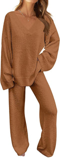 MEROKEETY Women's Fuzzy Fleece Pajama Set - Cozy Wide Leg (Style NS71)