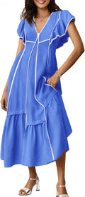 Wenrine Womens Summer V Neck Midi Dress - Flowy Ruffle Sleeve Midi